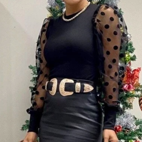 Classic Black Polka Dot Sheer Long Sleeve Fitted Blouse - Picture 6 of 11